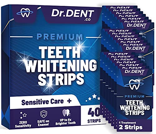 Tiras blanqueadoras de dientes DrDent Premium - 20 sesiones de blanqueamiento - Fórmula no sensible - 40 tiras blanqueadoras sin peróxido - Seguro para el esmalte + abrebocas incluido