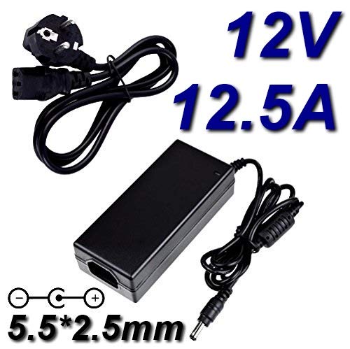 TOP CHARGEUR* Adaptador Alimentación Cargador Corriente Salida Output DC 12V 12.5A 12500mA 150W Marcado CE Clavija: 5.5mm * 2.5mm Reemplaza Cargador 12V 4A / 5A / 6A / 7A / 8A / 9A / 10A / 12A / 12.5A