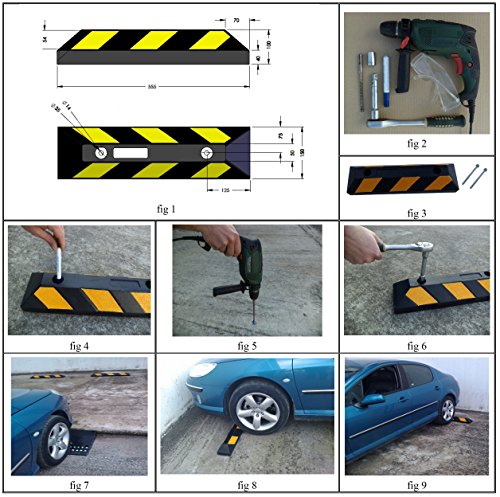 Tope Rueda de Goma Para Estacionar y Garajes, Negro Amarillo, 55x15x10 cm (Paquete de 2)