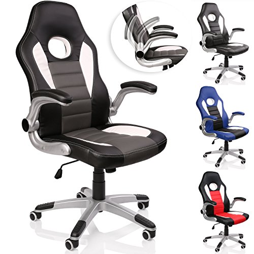 TRESKO® Silla de Oficina Racing Gaming giratoria, Escritorio Ordenador, 4 Colores Diferentes, reposabrazos Acolchados y Regulables, Mecanismo de inclinación basculante (Negro/Blanco/Gris)