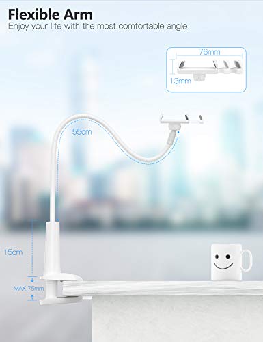 Tryone Soporte Tablet Teléfono Movil Flexible – Soporte con Brazo de Cuello de Cisne para Serie iPhone/Celulares Samsung/Huawei/Google Pixel y Más, 27.5 Pulgadas de Longitud en Total (Blanco)