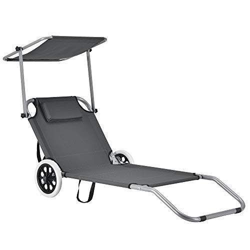 Tumbona con 2 Ruedas 146 x 52 x 15 cm Silla de Playa con Parasol para jardín terraza Patio Piscina Playa Gris Oscuro