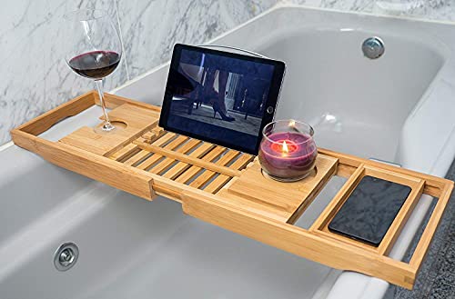 Utoplike - Bandeja de bambú para bañera con soporte deslizante para toallas, mesa de baño con soporte para libros, tablas de bañera, estante ajustable para lectura de libros