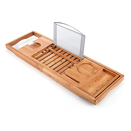 Utoplike - Bandeja de bambú para bañera con soporte deslizante para toallas, mesa de baño con soporte para libros, tablas de bañera, estante ajustable para lectura de libros