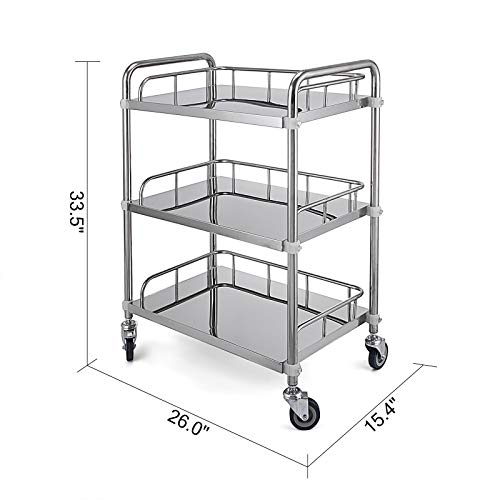 VEVOR Carrito de Servicio de 3 Niveles con 4 Ruedas, Carrito de Almacenamiento de Acero Inoxidable, Carrito de Equipo de Laboratorio, Carro Auxiliar Multiuso Grande de 3 estantes
