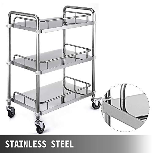 VEVOR Carrito de Servicio de 3 Niveles con 4 Ruedas, Carrito de Almacenamiento de Acero Inoxidable, Carrito de Equipo de Laboratorio, Carro Auxiliar Multiuso Grande de 3 estantes