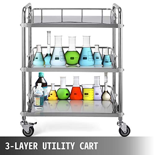VEVOR Carrito de Servicio de 3 Niveles con 4 Ruedas, Carrito de Almacenamiento de Acero Inoxidable, Carrito de Equipo de Laboratorio, Carro Auxiliar Multiuso Grande de 3 estantes