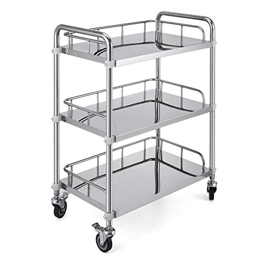 VEVOR Carrito de Servicio de 3 Niveles con 4 Ruedas, Carrito de Almacenamiento de Acero Inoxidable, Carrito de Equipo de Laboratorio, Carro Auxiliar Multiuso Grande de 3 estantes