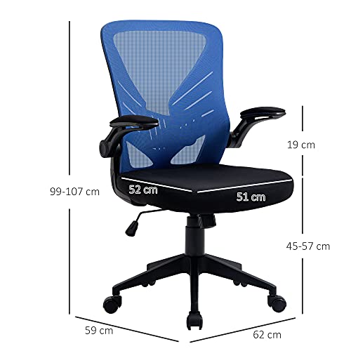 Vinsetto Silla de Oficina Ergonómica Silla de Escritorio Giratoria con Altura Ajustable Reposabrazos Abatible y Soporte Lumbar Transpirable 62x59x99-107 cm Azul y Negro