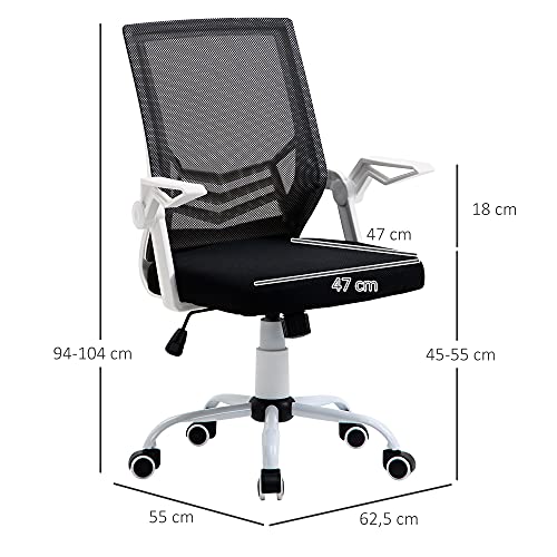 Vinsetto Silla de Oficina Ergonómica Silla Escritorio Giratoria con Altura Ajustable Reposabrazos Abatible Soporte Lumbar y Respaldo Transpirable 62,5x55x94-104 cm Negro