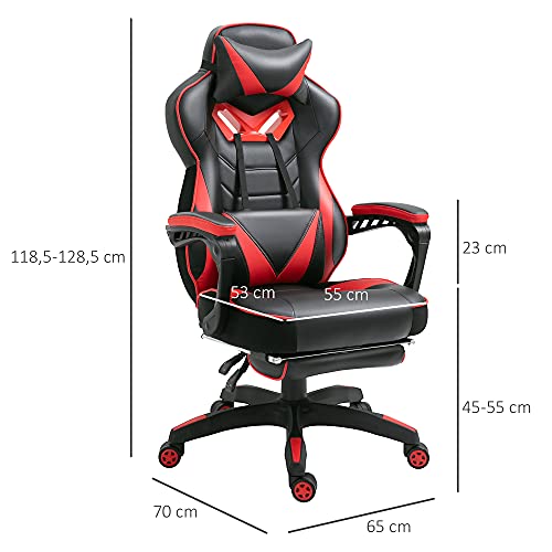 Vinsetto Silla Racing Silla Ergonómica de Escritorio para Oficina Regulable en Altura Reclinable Respaldo con Reposapiés Reposacabezas Cojín Lumbar Ruedas 65x70x118,5-128,5 cm Rojo