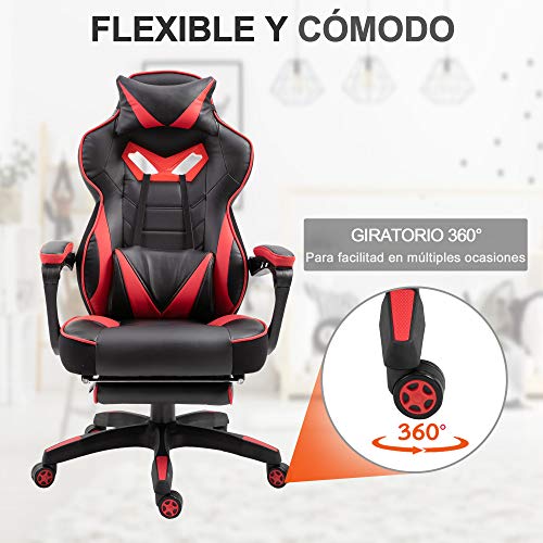 Vinsetto Silla Racing Silla Ergonómica de Escritorio para Oficina Regulable en Altura Reclinable Respaldo con Reposapiés Reposacabezas Cojín Lumbar Ruedas 65x70x118,5-128,5 cm Rojo