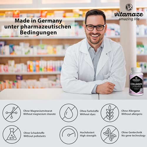 Vitamaze® Colágeno Puro + Ácido Hialurónico Cápsulas + Condroitina + Lisina, 600 mg de Colágeno al Día, 60 Cápsulas durante 1 Mes, Suplementos sin Aditivos Innecesarios, Calidad Alemana