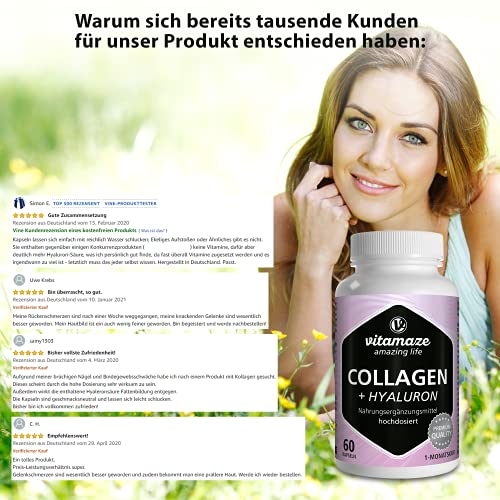 Vitamaze® Colágeno Puro + Ácido Hialurónico Cápsulas + Condroitina + Lisina, 600 mg de Colágeno al Día, 60 Cápsulas durante 1 Mes, Suplementos sin Aditivos Innecesarios, Calidad Alemana