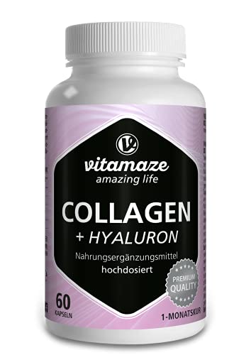 Vitamaze® Colágeno Puro + Ácido Hialurónico Cápsulas + Condroitina + Lisina, 600 mg de Colágeno al Día, 60 Cápsulas durante 1 Mes, Suplementos sin Aditivos Innecesarios, Calidad Alemana