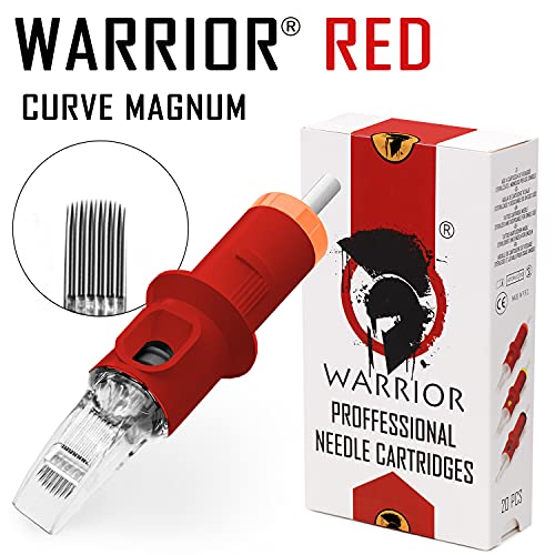 WARRIOR Agujas de tatuaje profesionales rojas esterilizadas con cartucho de aguja de tatuaje Eo Gas Curve Magnum 20 piezas de maquillaje permanente desechable de acero quirúrgico (RED-1009CM)