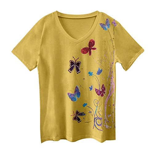YANFANG Blusa para Mujer Holgada con Estampado de Mariposas de Moda de Verano con Cuello en V Profundo Talla Grande de Manga Corta Casual Adolescente Camiseta