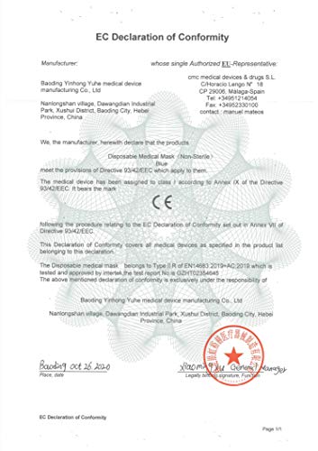 YINHONYUHE Mascarilla Quirúrgica Desechable Homologada, 50 Unidades, Color Azul,CE BFE ≥98%, EN 14683:2019+AC:2019 Type IIR