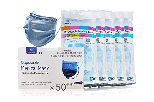 YINHONYUHE Mascarilla Quirúrgica Desechable Homologada, 50 Unidades, Color Azul,CE BFE ≥98%, EN 14683:2019+AC:2019 Type IIR