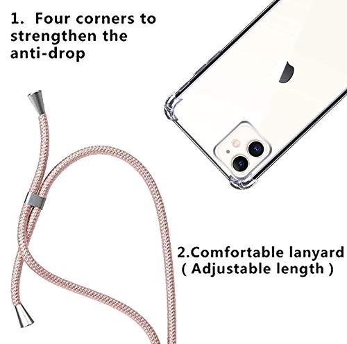 Yohii Funda con Cuerda para iPhone 11 + Protector Pantalla de Cristal Templado, Carcasa Transparente TPU Suave Silicon Colgante Ajustable Collar, Case para iPhone 11 - Oro Rosa