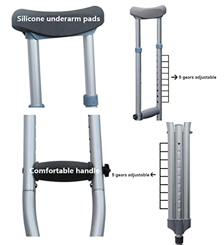 YXW Muleta ortopédicas axilar Plegables, muletas sobaco Ajustables en Altura, bastón con Amortiguador para Caminar para Adultos, Ancianos, Plateado, 1 Unidad (Soporte de Carga de 100 kg)
