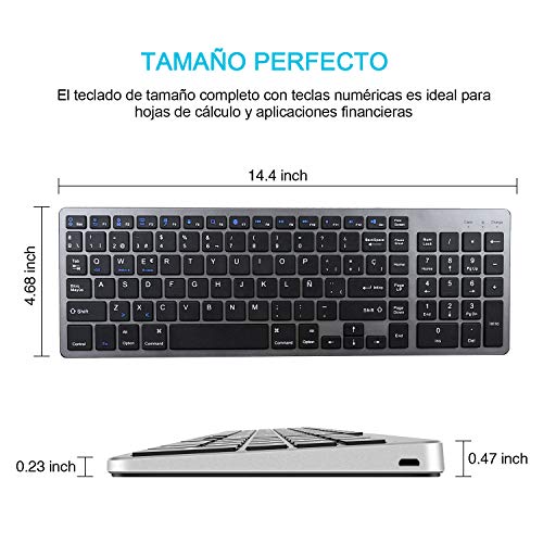 Z Zienstar- Teclado Bluetooth Español,Teclado Inalámbrico Estándar Recargable con Teclado Numérico para Computadora Portátil, Computadora de Escritorio,Tableta,Windows iOS,Android (Gris)