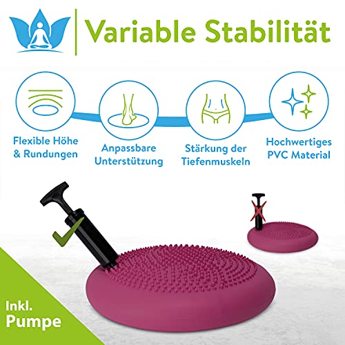 ZenBalance Plus Cojín Proyector, Cojín Ortopédico para Rehabilitación, Disco Hinchable Proyector, Tablero de Equilibrio para Deporte y Fisioterapia, Incl. Bomba, e-Book, 33 cm (Berry)