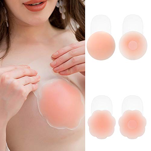 ZWOOS Sujetador Invisible Adhesivo Push Up Silicona, 4 Pares Bra Sujetador Tape Sexy Strapless Impermeable Respirable Reutilizable Cómodo (A/B)