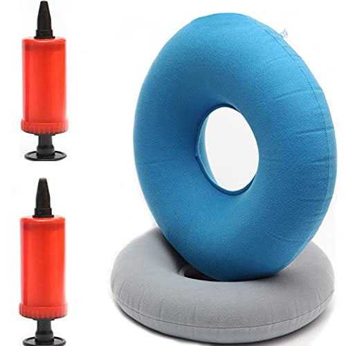 2 Piezas Cojín de Anillo de Rosquilla Inflable, Cojín Redondo Coxis Inflable con Inflator Bombas, para Asientos de Automóvil, Sillas de Ruedas, Tratamiento de Hemorroides (Gris, Azul)