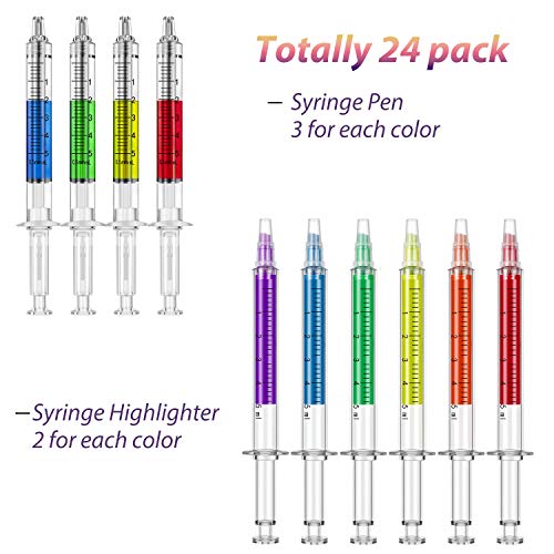 24 Piezas Bolígrafo Jeringa Pluma de Resaltador de Jeringa Pluma de Aguja Fluorescente de Novedad Favores Regalos de Fiesta Navidad para Uso Escolar Oficina, Colores Variados