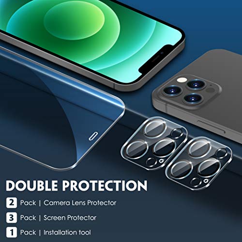 [5 Pack] UniqueMe 3 Pack Protector de Pantalla Compatible con iPhone 12 Pro Max (6.7 pulgadas) y 2 Pack Protector de lente de cámara Cristal Templado, [9H Dureza][Sin Burbujas] HD Vidrio Templado