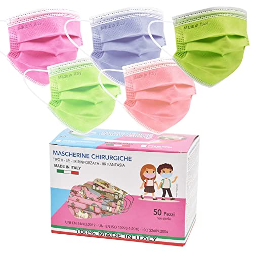 50 Piezas Mascarillas Quirurgicas Niños BFE≥98%, Mascarillas Niños Colores en 3 Capas Made In Italy, Mascarilla Infantil Tipo IIR y Certificadas CE, Transpirables y Cómodas (Multi 1)