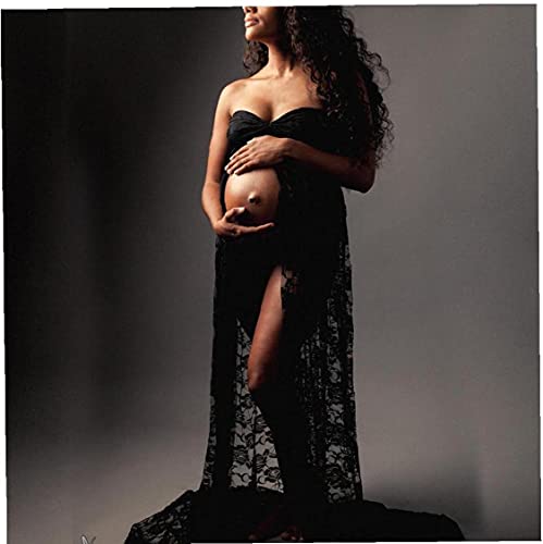 Aiyrchin De Encaje sin Mangas Vestido de fotografía de Maternidad Embarazada Vestido Maxi Cuello en V para Las Mujeres Embarazadas Negro M