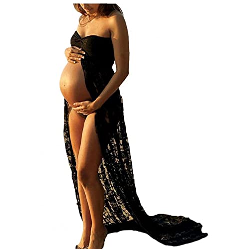 Aiyrchin De Encaje sin Mangas Vestido de fotografía de Maternidad Embarazada Vestido Maxi Cuello en V para Las Mujeres Embarazadas Negro M