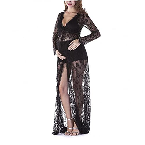 Aiyrchin Fotografía de Vestir de Manga Maternidad Cuello en V de Encaje Larga de Maternidad Vestido Maxi de Las Mujeres Embarazadas Negro XL