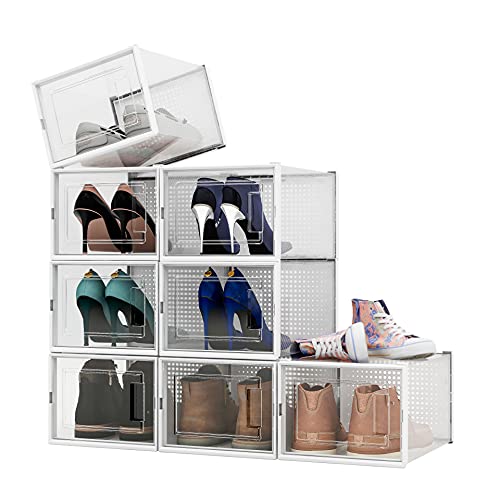 ALEMOK Cajas de Zapatos Transparentes, Organizador de Zapatos Apilable, Paquete de 8 Cajas de Almacenamiento de Plástico y Plegables, hasta la Talla 46