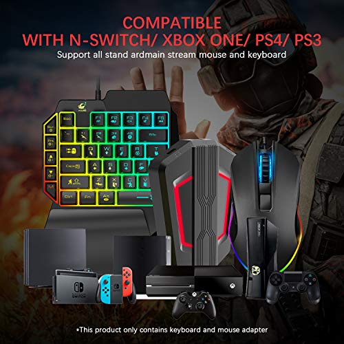 Arco iris retroiluminado de 39 teclas con cable a una mano Sensación mecánica Teclado, ratón para juegos RGB+convertidor con retroiluminación LED para Nintendo Switch/Xbox One/ PS4 / PS3 / PC (negro)