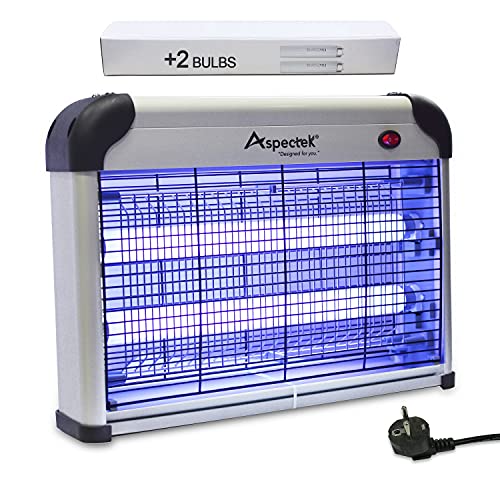 ASPECTEK Lámpara Matamoscas Electrico, Atrapa UV Lampara para Mata Mosquitos y Insectos,Control Multi-Insecto 20 W Efecto 60 m² Dispositivo de Suspensión Plateado