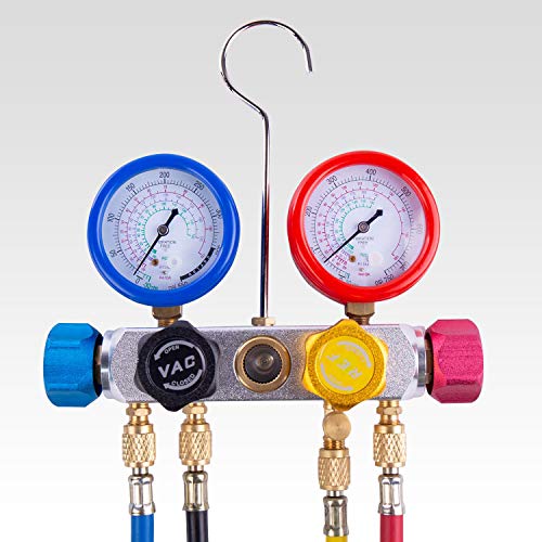 BACOENG Conjunto de manómetro de diagnóstico de 4 vías Profesional para Carga de freón y evacuación de Bombas de vacío, refrigerantes R134A R410A y R22