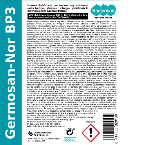 Bacterisan Germosan No Bp3 500Ml | Desinfectante Multiusos | Elimina El 99,99% De Virus, Gérmenes Y Bacterias De Todo Tipo De Objetos Superficies Y Textiles | Bacterisan 500 ml