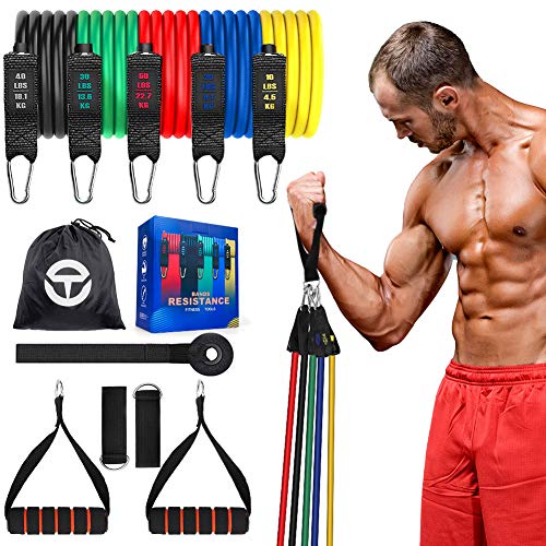 Bandas Elasticas Musculacion,Set de Bandas de Resistencia con Cinco Tubo de Látex，Correas de Tobillo, Fortalecedor de Manos y Anclaje para Puerta, Musculacion，Yoga, Pilates， Hombre y Mujer
