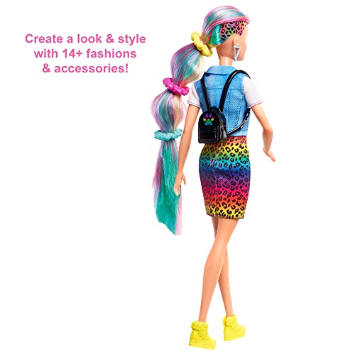 Barbie Pelo Arcoiris Muñeca rubia con falda de guepardo y accesorios de moda y para el pelo de juguete (Mattel GRN81)