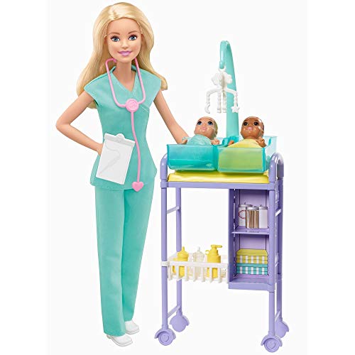Barbie Quiero Ser pediatra muñeca rubia con dos bebes y accesorios (Mattel GKH23)