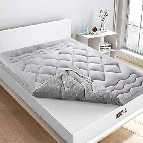 BedStory Topper Colchon Fibra 150x190 CM Sobrecolchón Fibra Anti-ácaros y Transpirable Protectores de Colchón Hipoalergénica Diseño de Malla Gris