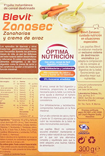 Blevit Zanasec - Papilla de Cereales para bebé con Crema de Arroz y Zanahorias - Sin Gluten y Sin Azúcares Añadidos - Facilita la digestión - Desde los 4 meses - 300g