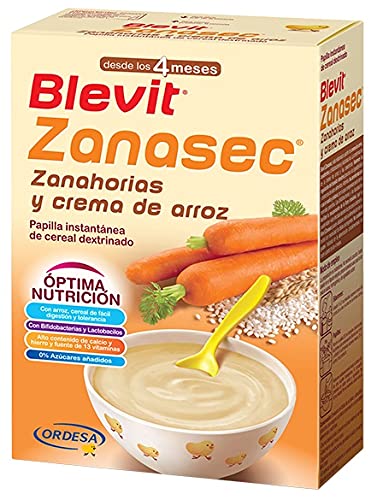 Blevit Zanasec - Papilla de Cereales para bebé con Crema de Arroz y Zanahorias - Sin Gluten y Sin Azúcares Añadidos - Facilita la digestión - Desde los 4 meses - 300g