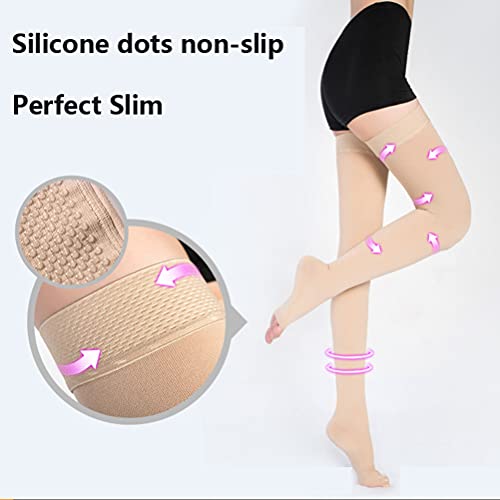 Bueuwe 33-45mmHg Calcetines de compresión para Hombre y Mujer, Punta Abierta Medias de compresión hasta el Muslo, Mangas para la hinchazón de Venas varicosas,Flesh,M