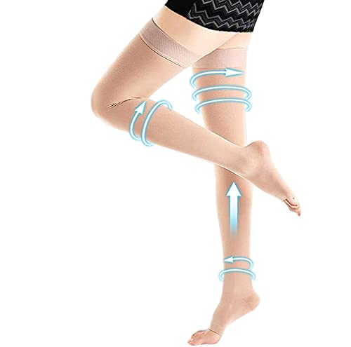 Bueuwe 33-45mmHg Calcetines de compresión para Hombre y Mujer, Punta Abierta Medias de compresión hasta el Muslo, Mangas para la hinchazón de Venas varicosas,Flesh,M