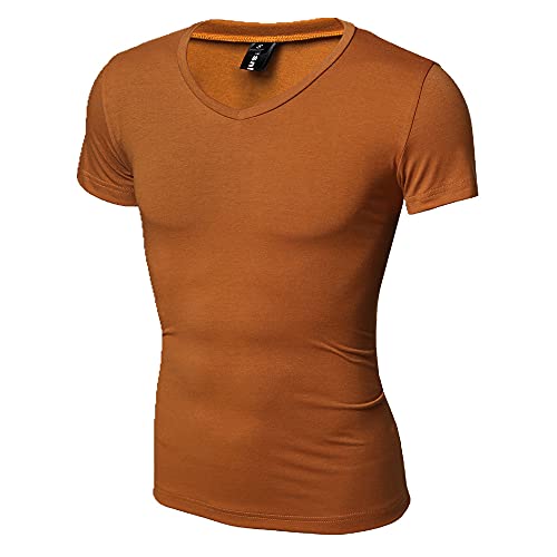Camiseta Hombre Slim Fit Stretch con Cuello En V Camisa Deportiva Hombre Verano Color Sólido Casual Hombre Manga Corta Sport Running Fitness Camisa Muscular Hombre F-Yellow XL