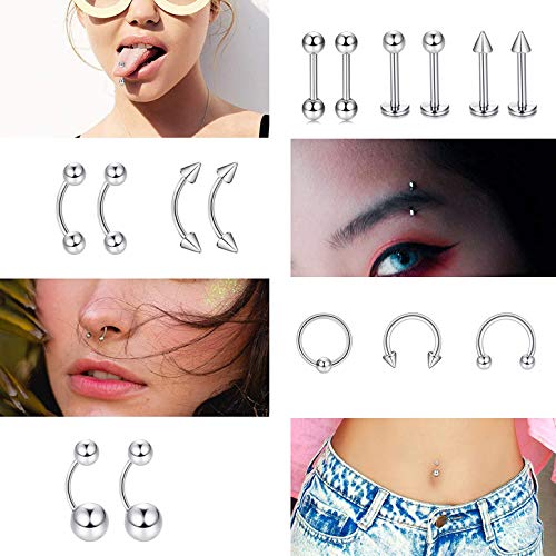 CASSIECA 88 PCS Kit Piercing Acero Quirurgico Piercing Nariz Ombligo Piercing Lengua Tragus Piercing Industrial Piercing Septum Aro Piercing de Joyería Corporal para Hombres/Mujeres 14G 16G 18G